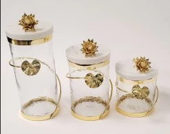 Glass Canister With Gold Leaf Design & Marble Lid With Metal Flower (3 Styles, 3 Sizes)