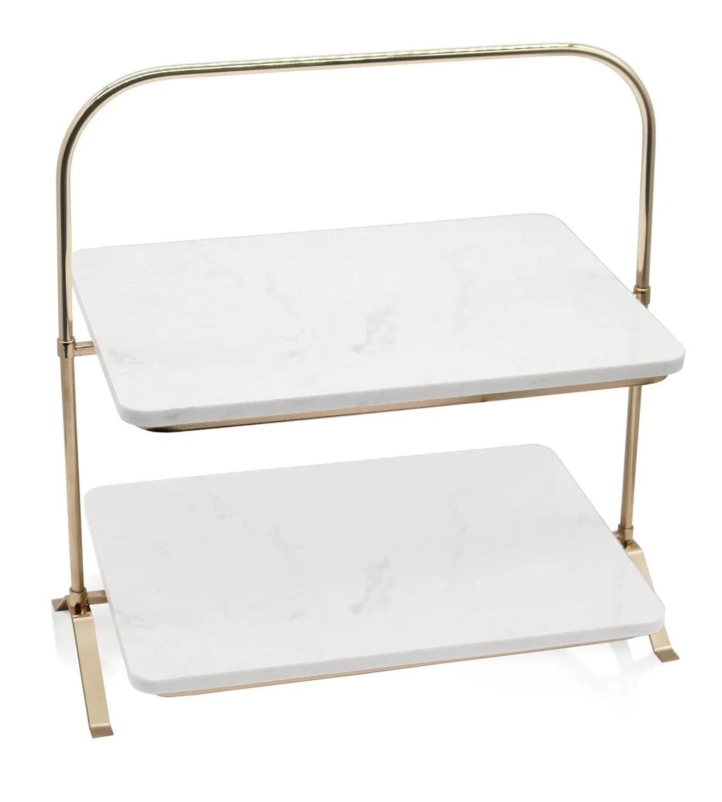 Gold Metal & White Marble Two Tiered Stand 4 Gold Metal & White Marble Two Tiered Stand - Image 2