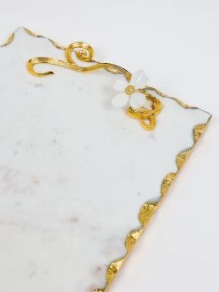 Large Rectangular Marble Tray With Intricately Detailed Gold Handles From The White Jeweled Flower Collection -Home Essentials Shop DD5A6437 new