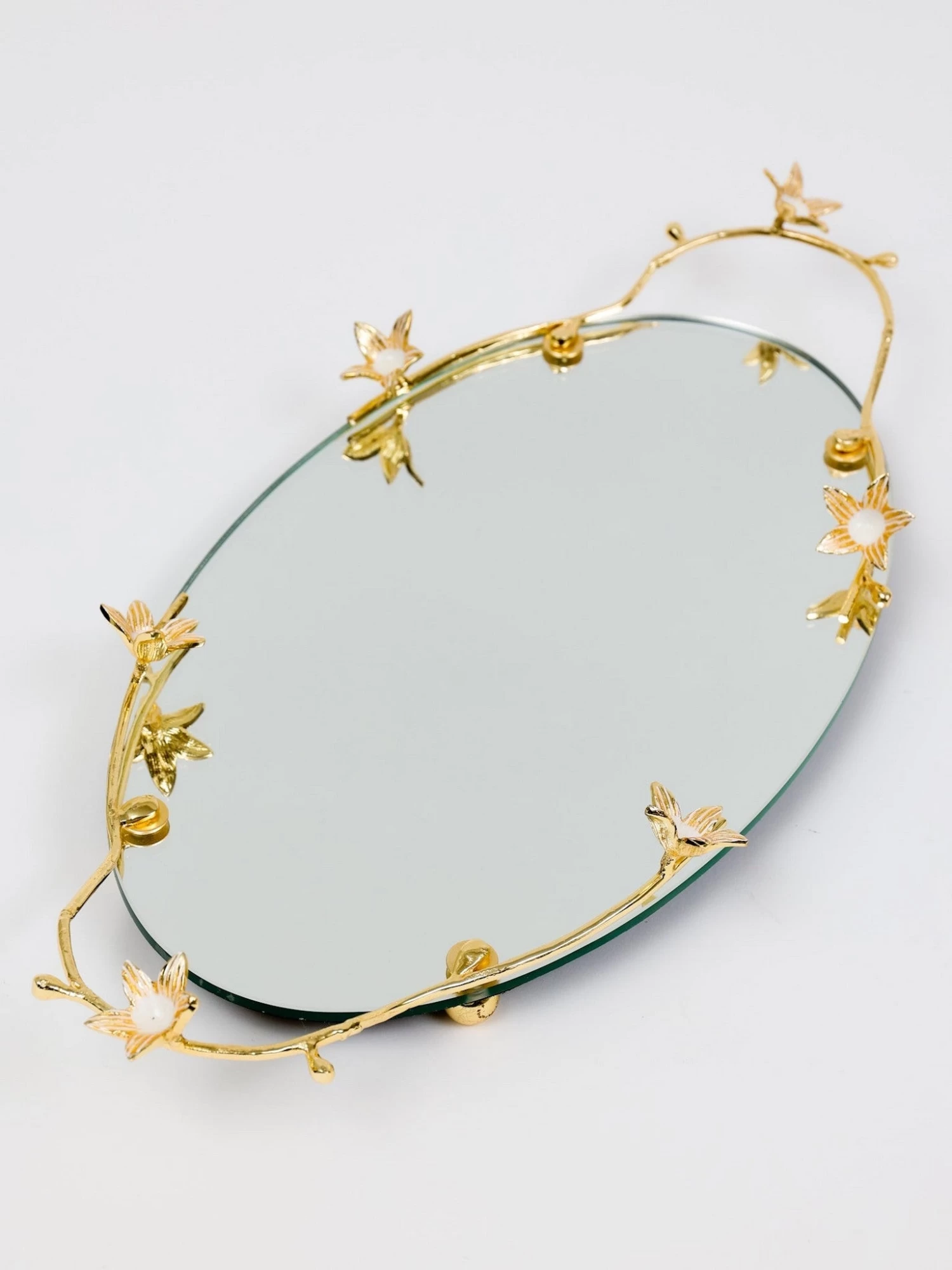 Oval Mirrored Tray With Gold & White Flower Design 4 Oval Mirrored Tray With Gold & White Flower Design - Image 2
