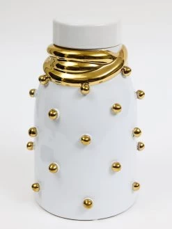 White Ceramic Gold Studded Lidded Jar With Elegant Gold Details (3 Sizes) -Home Essentials Shop DD5A6672 1 new