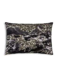Amal - Charcoal Digital Printed Velvet Oblong Pillow W/ Gold And Silver Print - 20" X 14"
