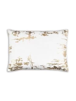 Asra - Oblong White Velvet Pillow W/ Quilting And Shiny Gold Foil Print - 20" X 14"
