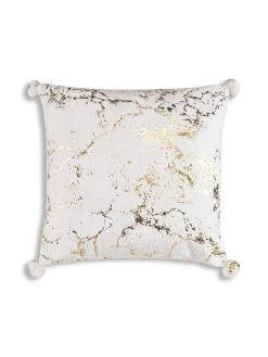 Rami - Faux Fur Pillow W/ Gold Printing And Pom Pom Trim - 20" X 20"