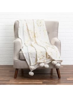 Rami - Faux Fur Throw W/ Gold Metallic Printing And Pom Pom Trim - 60" X 50"