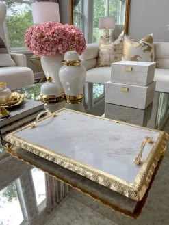 Large Rectangular Marble Tray With Gold Metal Handles And Gold Ruffle Border