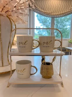 Gold Metal & White Marble Two Tiered Stand