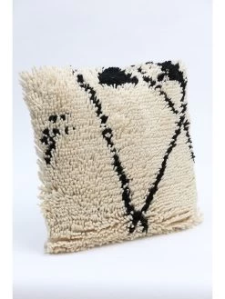 Black And Cream Woven Wool Shag Pillow