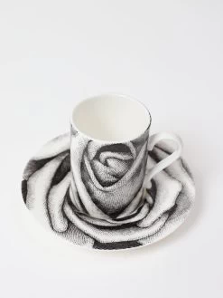 Set Of 4 Black Rose Espresso Cups & Saucers