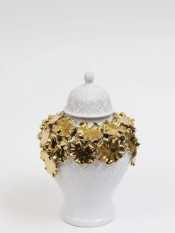 White Textured Ginger Jar With Gold Floral Design (3 Sizes) -Home Essentials Shop IMG 0299 new