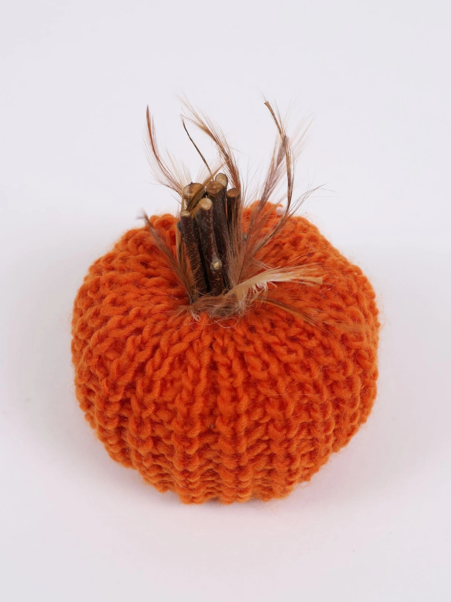 Orange Crochet Pumpkin With Feathers And Wood Stem 4 Orange Crochet Pumpkin With Feathers And Wood Stem - Image 2