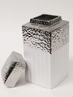 White Hammered Jar With Silver Border & Lid (3 Sizes) -Home Essentials Shop IMG 1614 new