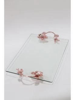 Rose Gold Crystal Floral Handled Glass Tray