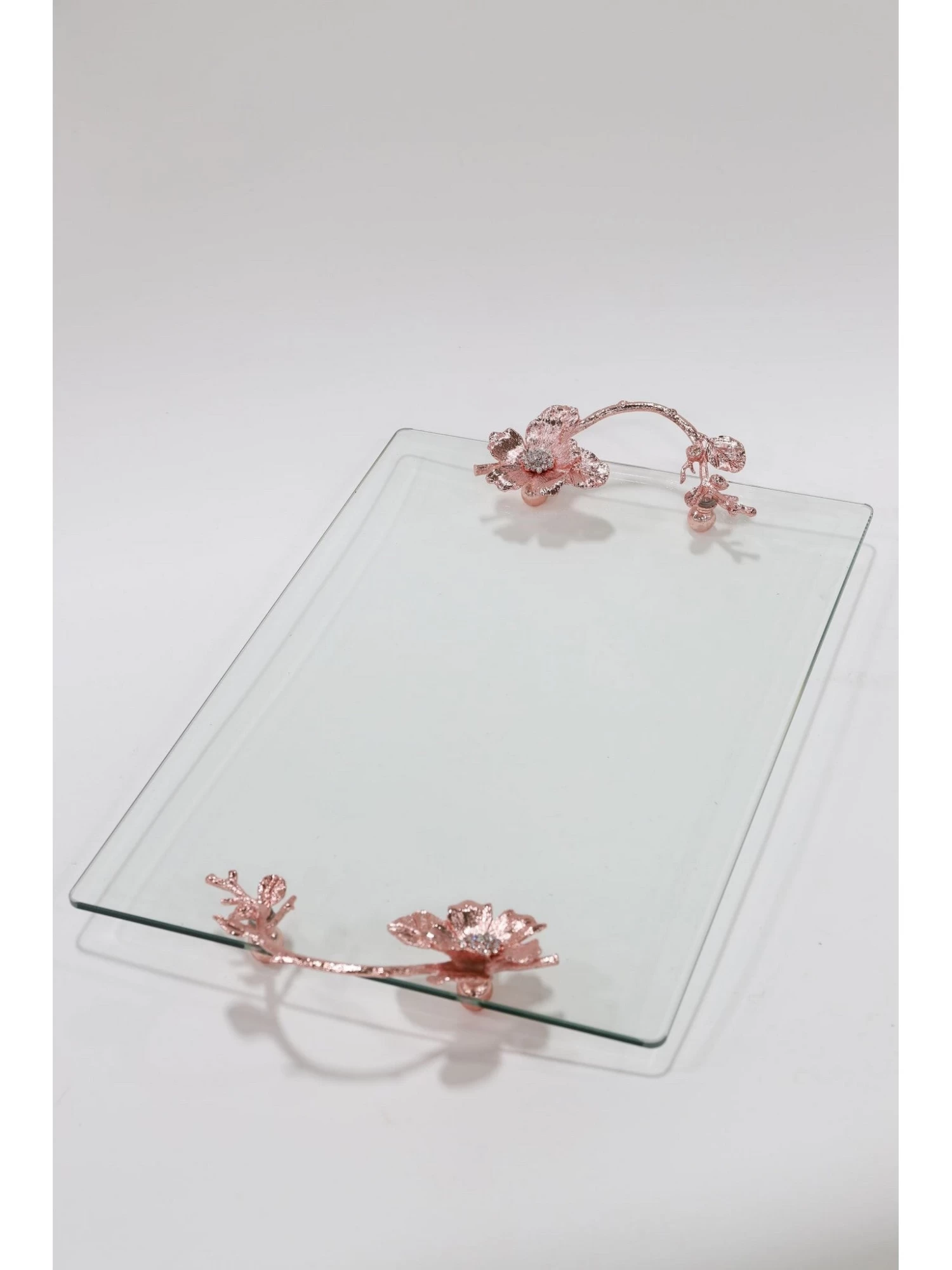 Rose Gold Crystal Floral Handled Glass Tray 3 Rose Gold Crystal Floral Handled Glass Tray