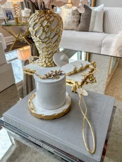White Candle With Gold & White Floral Design'