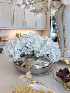 Large Silver Metal Round Bowl Vase From The White Jeweled Flower Collection