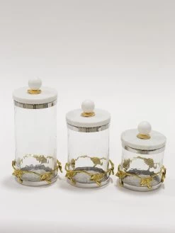 Gold Or Silver Metal Leaf Branch W/ Marble Ball Lid Canisters- With Metal Rim (3 Sizes & 2 Colors) -Home Essentials Shop IMG 2664 new