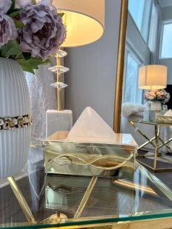 Gold Metal Tissue Holder With Leaf Design & Acrylic Lid