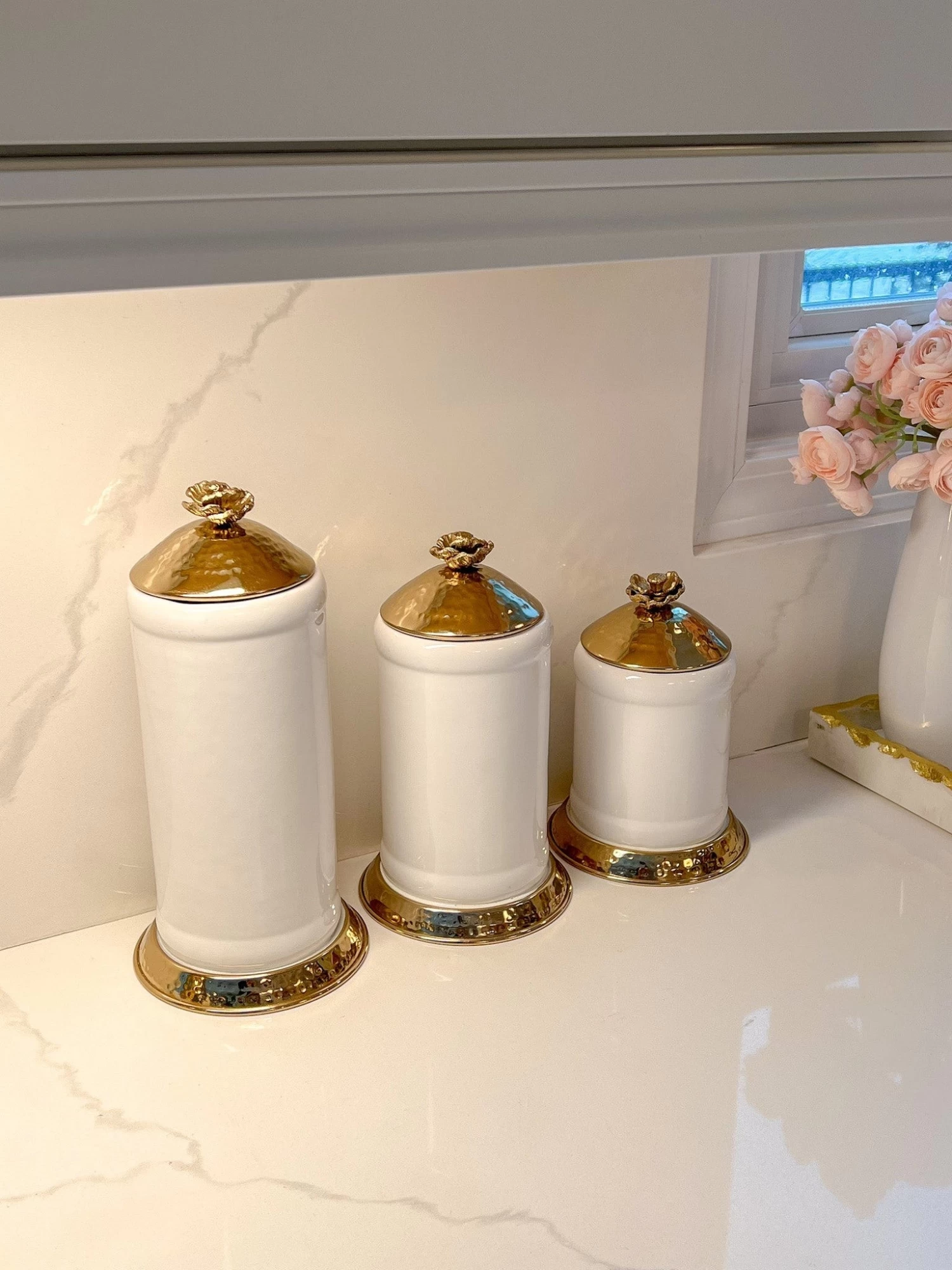 White Ceramic Jar With Gold Flower Lid (3 Sizes) 3 White Ceramic Jar With Gold Flower Lid (3 Sizes)