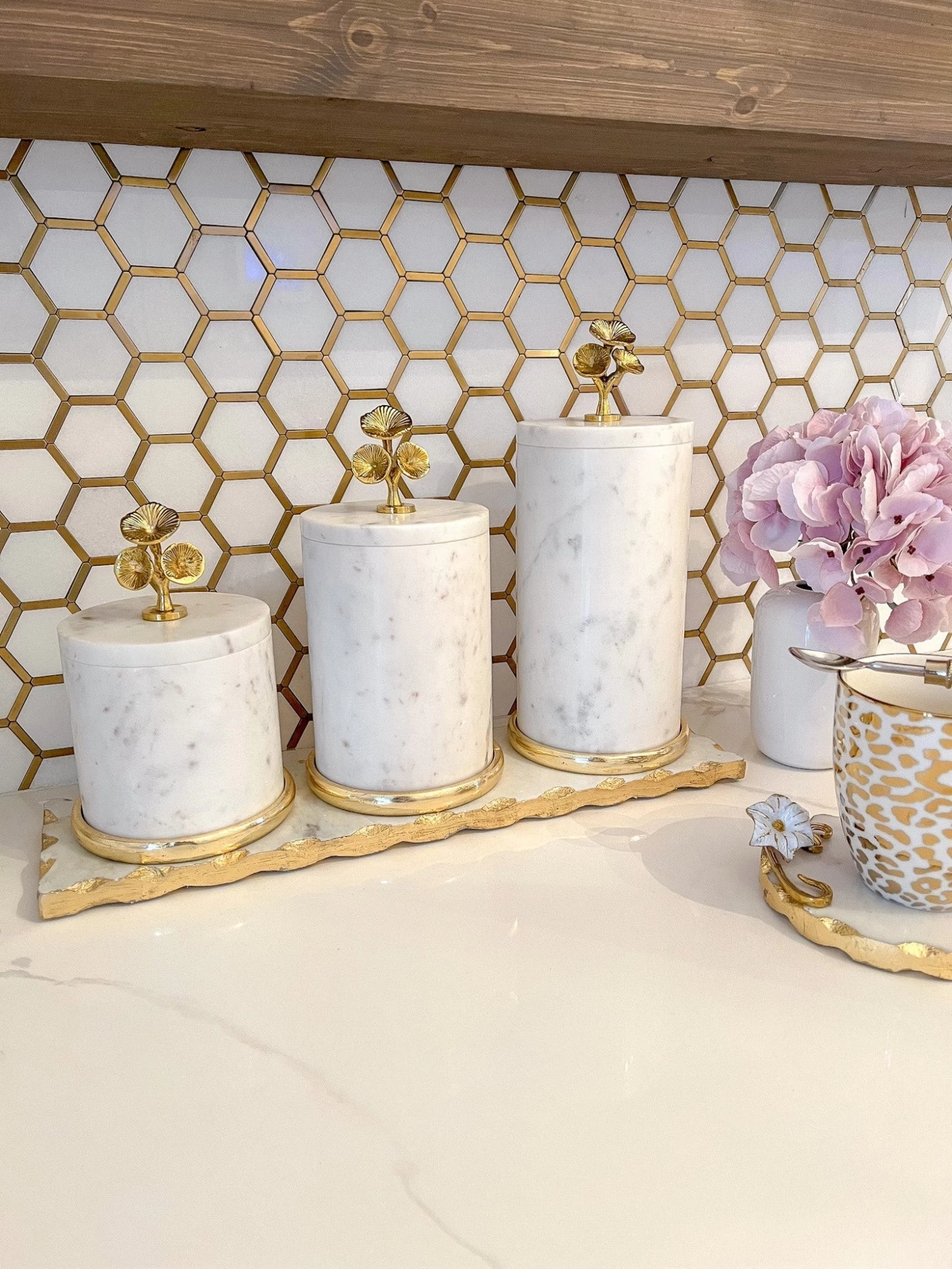 Marble Canisters With Floral Design Lid (2 Colors, 3 Sizes) 3 Marble Canisters With Floral Design Lid (2 Colors, 3 Sizes)
