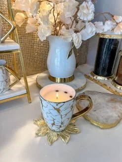 Oversized White & Gold Candle Mug With Marbled Design And Gold Handle (2 Styles)