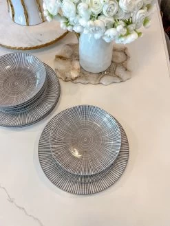 12 Piece Dark Grey & White Sunburst Design Dinnerware Set