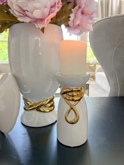 White Ceramic Candle Holder With Gold Elegant Details (2 Sizes)