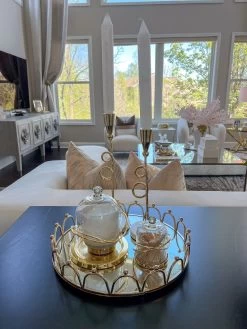 Round Decorative Mirrored Tray With Gold Circle Details