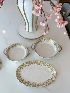 White Serving Bowl With Gold Ornate Trim (2 Sizes)