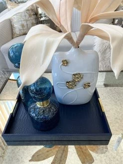 Set Of 3 Navy Faux Leather Trays