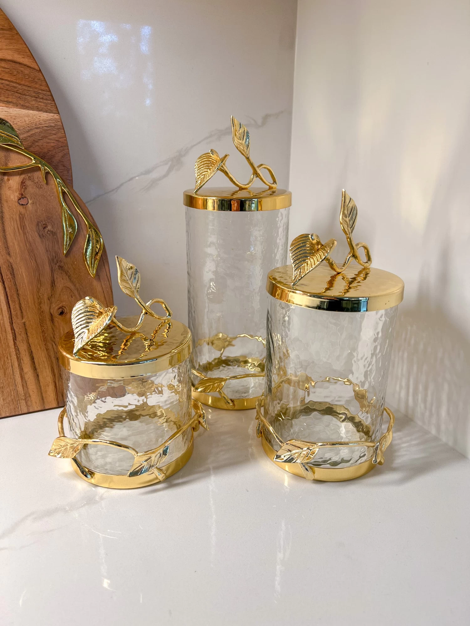 Hammered Glass Canister With All Gold Leaf Details & Lid (3 Sizes) 5 Hammered Glass Canister With All Gold Leaf Details & Lid (3 Sizes) - Image 3