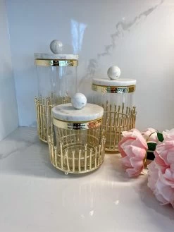 Glass Canisters With Gold Linear Details (3 Sizes) 12 Glass Canisters With Gold Linear Details (3 Sizes) -Home Essentials Shop IMG 5358 new