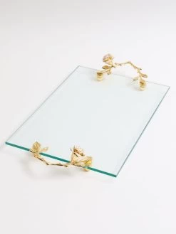 Large Glass Rectangular Tray With Intricately Detailed Gold Handles With White & Gold Rose Details