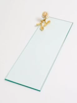 Glass Rectangular Tray With Intricately Detailed Gold Handles With White & Gold Rose Details