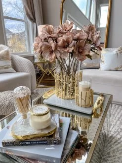 Glass Hurricane/Faux Floral Vase With Gold Twig Design (3 Sizes)