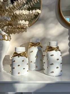 White Ceramic Gold Studded Lidded Jar With Elegant Gold Details (3 Sizes)