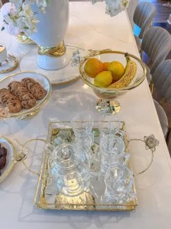 Square Mirrored Tray With Gold & White Flower Details