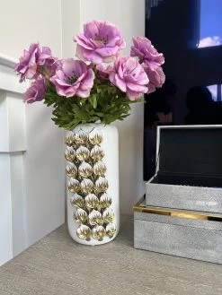 White Ceramic Vase With Gold & White Cascading Petal Design