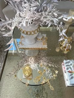 Oval Mirrored Tray With Gold & White Flower Design