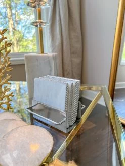 Square Marble Coasters With Silver Edge & Silver Metal Holder