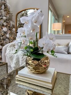 White Potted Faux Orchid In Gold Beveled Pot
