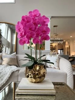 Pink Potted Faux Orchid In Gold Beveled Pot