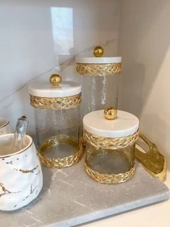 Glass Canister With Gold Lattice Design And Marble And Gold Lid (3 Sizes) -Home Essentials Shop IMG 7392 new