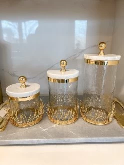Glass Canister With Gold Branch Design And Marble And Gold Lid (3 Sizes)