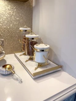 Rectangle Marble Tray With Gold Metal Handles And Gold Edge