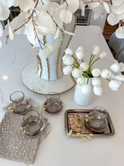 Glass Cup And Metal Saucer With Gold Flower Design