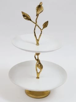 Imperfect White Double Tier Tray With Gold Leaf Details And Base