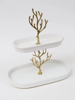Imperfect White Ceramic Two Tier Cake Stand With Gold Textured Details " From Pops Of Color Home Collection" -Home Essentials Shop IMG 9567 1
