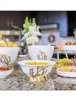White Ceramic Bowl With Gold Textured Details & Gold Base " From Pops Of Color Home Collection"