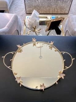 Round Mirrored Tray With Gold & White Flower Design
